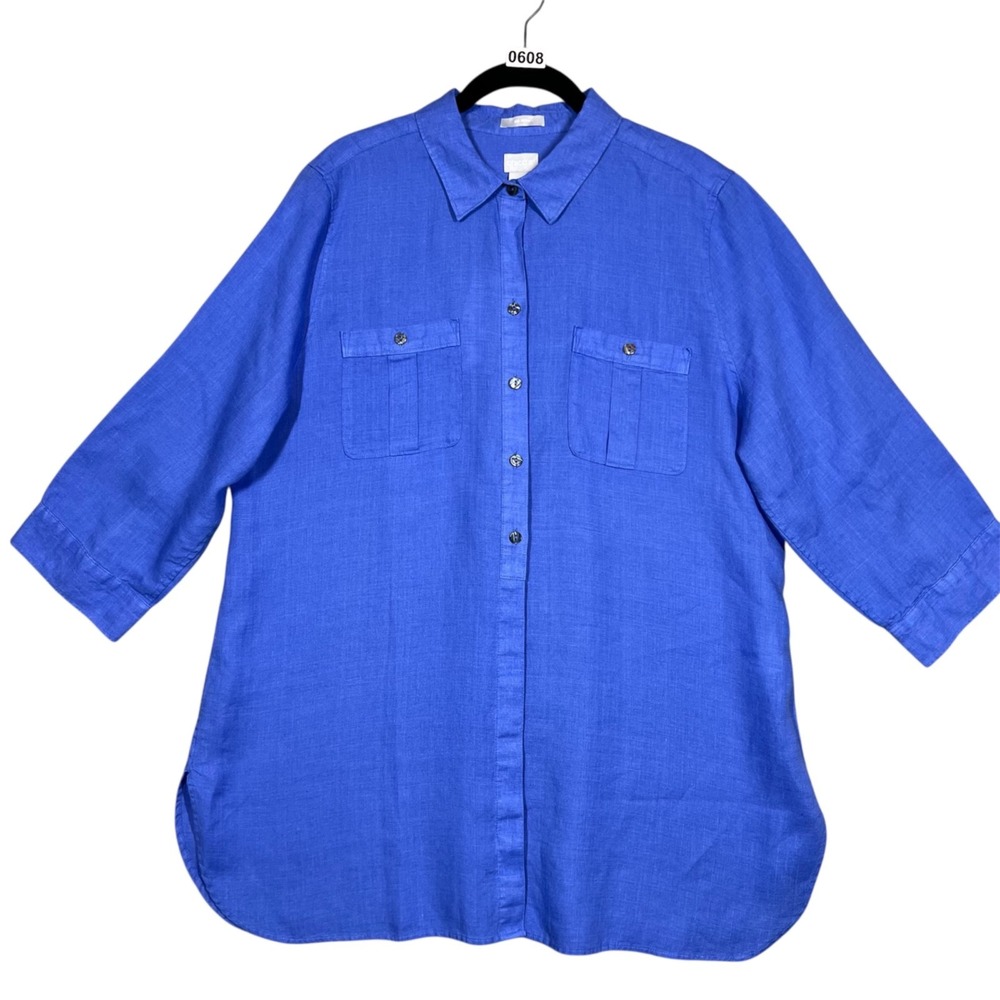 NEW Chico's No-Iron Linen Button Up Top Size L (2)  Blue Lagenlook‎ Quiet Luxury